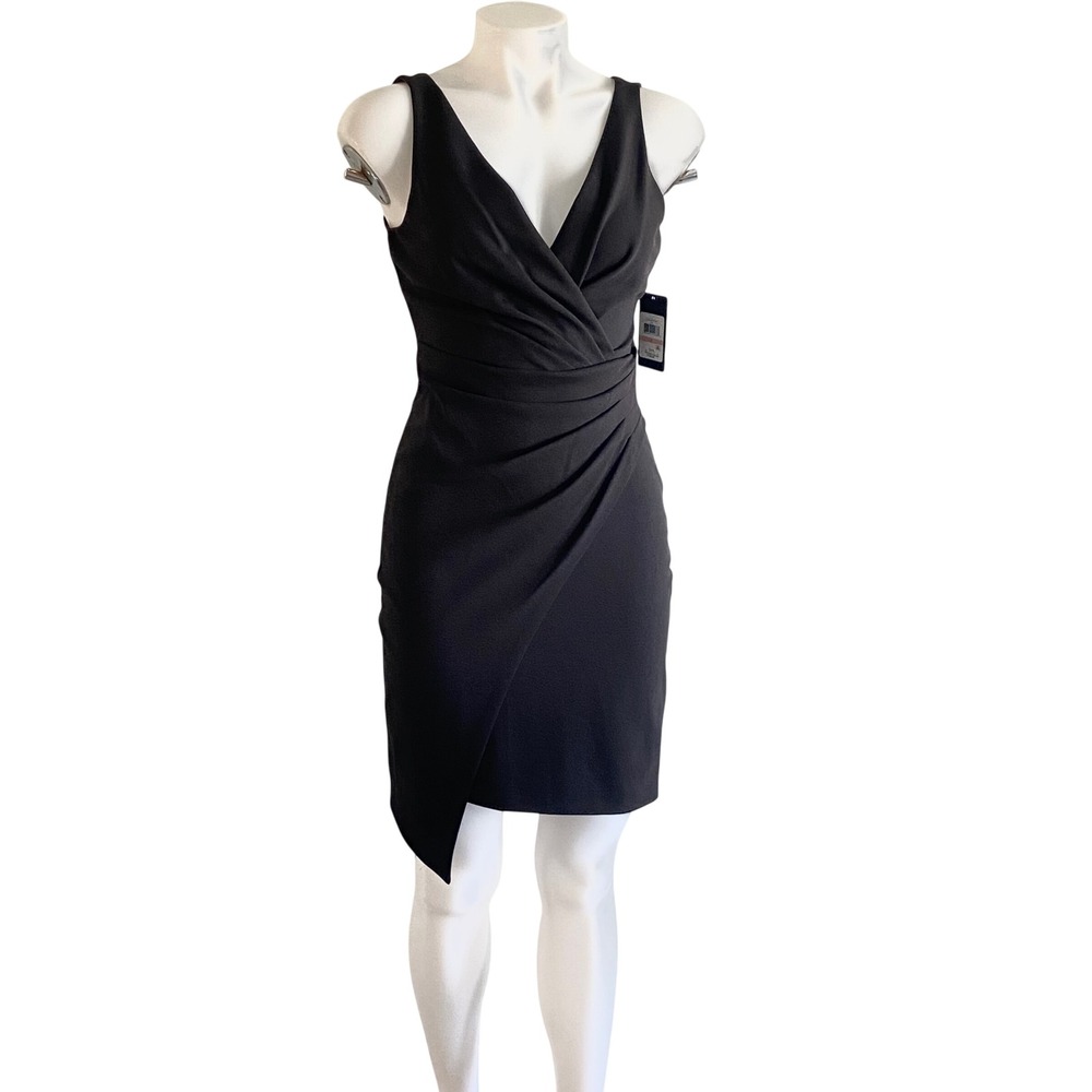 GUESS Black Surplice V-Neck Ruched Asymmetrical Hem Sheath Dress GDNP3761 Size 2